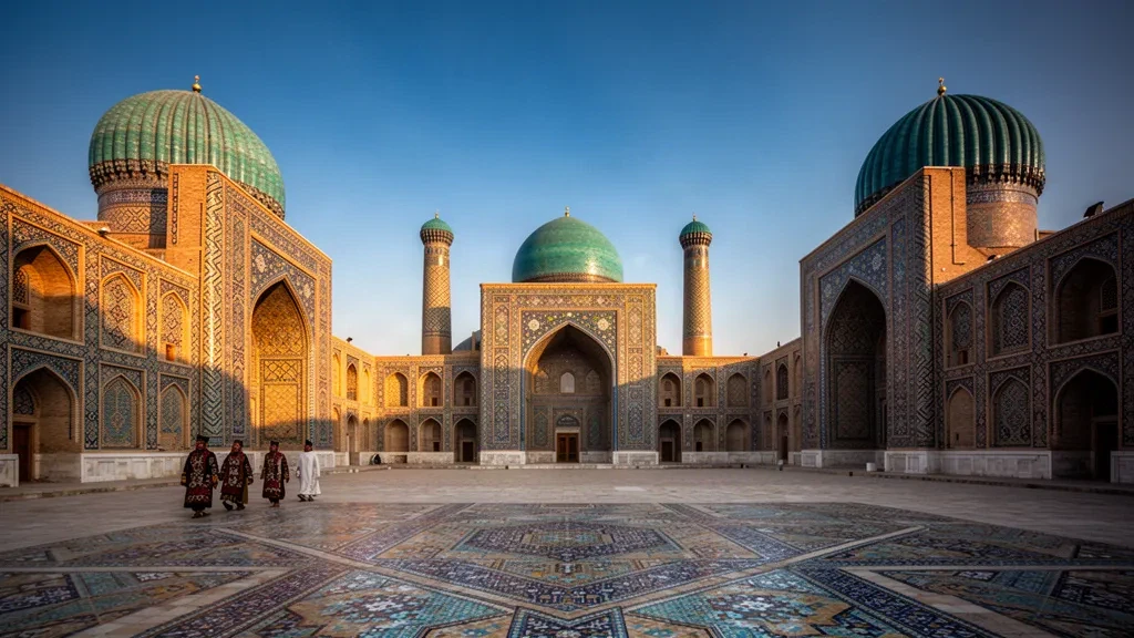 Özbekistan'ın Semerkant kentindeki Registan Meydanı'nın sıcak akşamüstü ışığında parlayan turkuaz çinili medreseleri ve minareleri