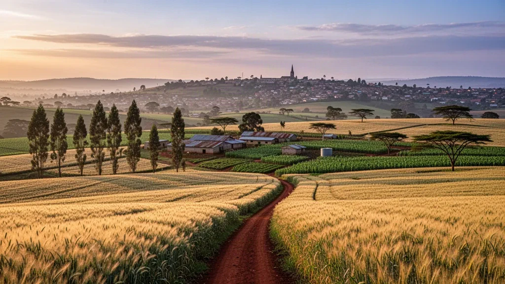 Campi di grano dorati sull'altopiano di Uasin Gishu vicino a Eldoret, in Kenya, illuminati dalla luce del tardo pomeriggio sotto le creste degli altopiani.