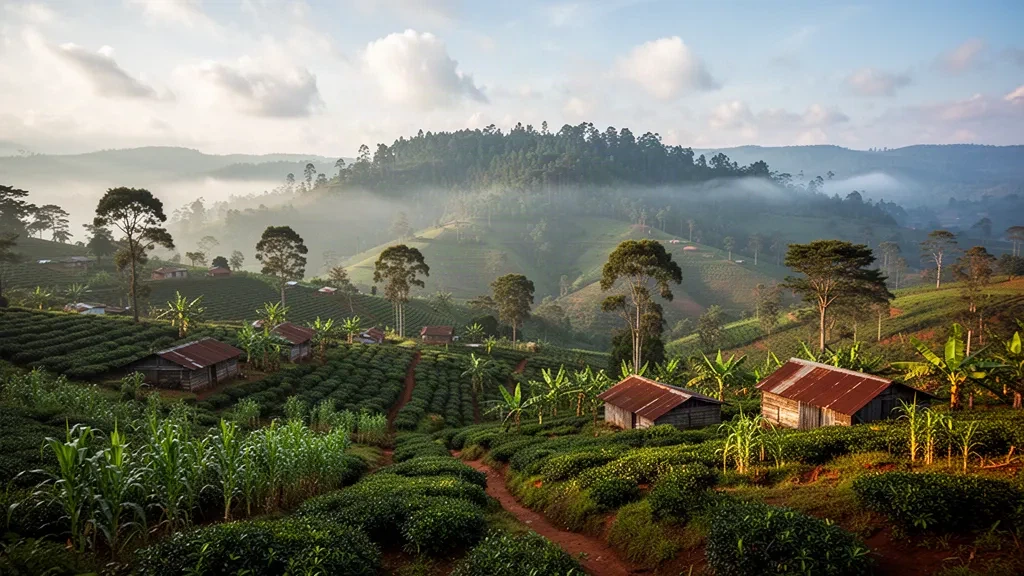 Terres agricoles verdoyantes et ondulantes et ligne de crête des collines de Maragoli dans le comté de Vihiga, dans l'ouest du Kenya, sous une douce lumière matinale