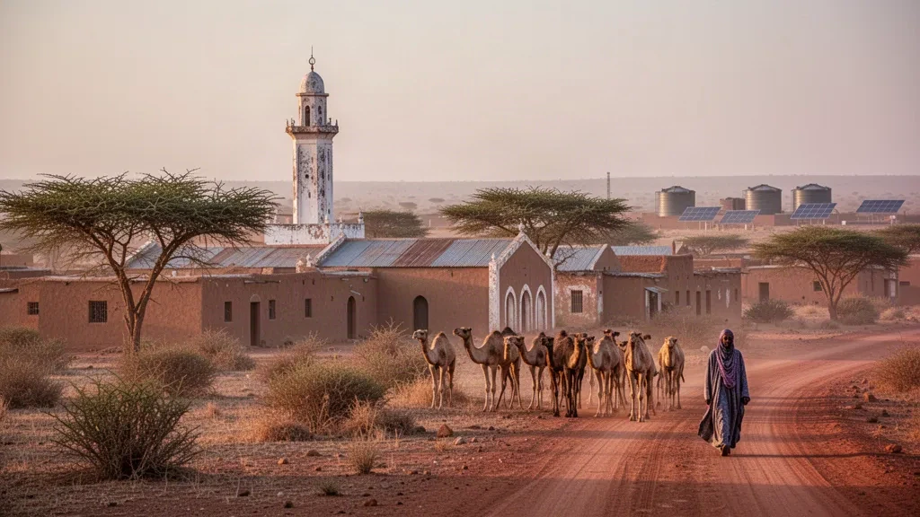 Vue de Wajir, au Kenya, à l'heure dorée, avec des acacias, un minaret de mosquée blanchi à la chaux et des éleveurs de chameaux sur une route poussiéreuse en terre rouge
