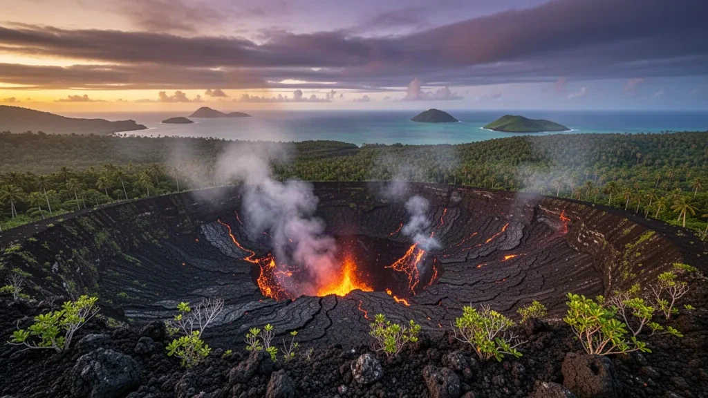 Cráter resplandeciente del volcán Monte Yasur al atardecer sobre las laderas boscosas de la isla de Tanna en Vanuatu, Pacífico Sur
