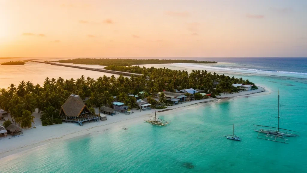 South Tarawa, Kiribati at golden hour: turquoise lagoon, palm-lined causeway, outrigger canoes and a traditional thatched maneaba