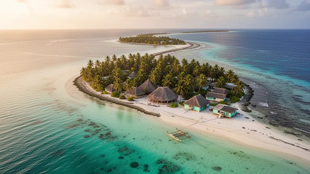 Kiribati'deki Güney Tarawa atolünün havadan görünümü: turkuaz lagün, palmiye sıralı adacıklar ve geleneksel sazdan maneaba kulübeleri