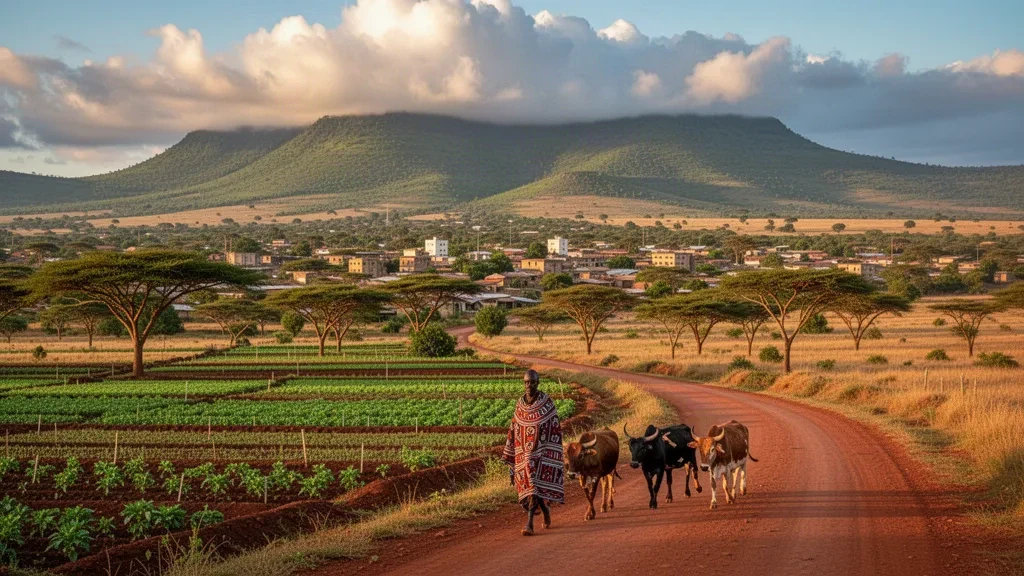 Die Stadt Kapenguria und die Cherangani Hills im West Pokot County, Kenia, bei warmem Nachmittagslicht