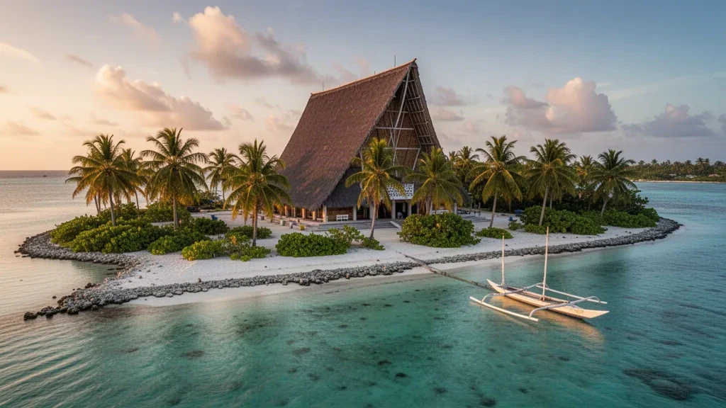 Turquoise lagoon and palm-lined coral shore of South Tarawa, Kiribati, with the traditional Maneaba ni Maungatabu parliament building at golden hour