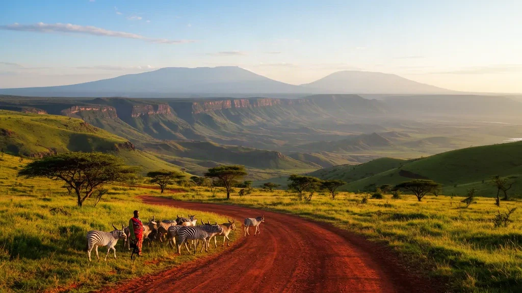 Kenya'da West Pokot County yaylaları, kızıl toprak yol ve Kerio Vadisi yamaçları üzerinde altın saat manzarası