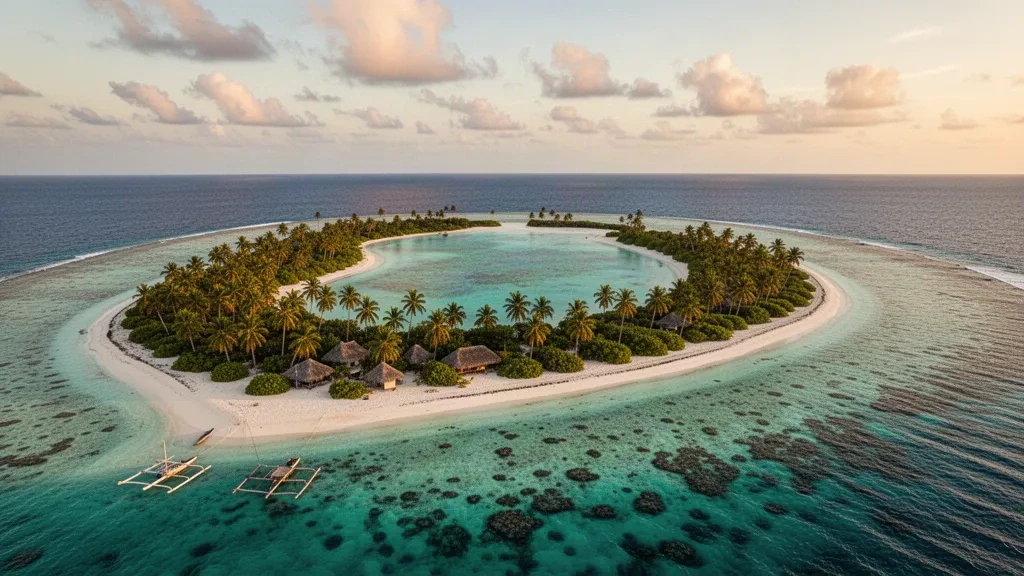 Vista aérea de una laguna turquesa de atolón de coral con arena blanca y palmeras en las remotas Islas Phoenix, Kiribati