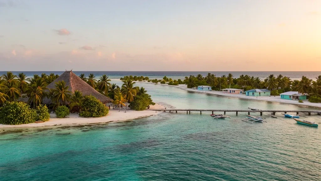 Blick zur goldenen Stunde auf South Tarawa, Kiribati, mit türkisfarbener Lagune, palmengesäumtem Atollstreifen, traditioneller Maneaba und einer kleinen Dammbrücke