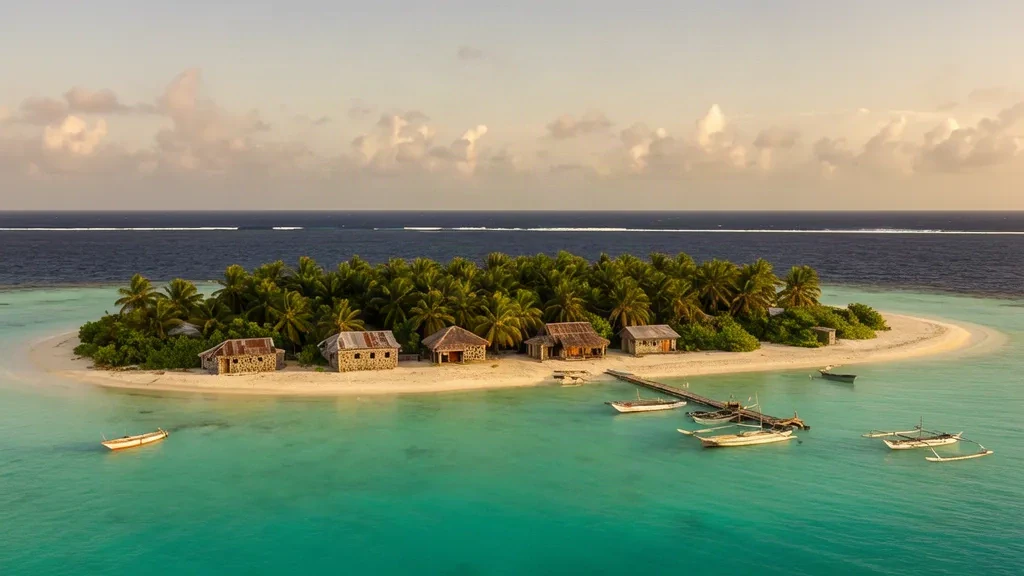 Kiribati'nin uzak Phoenix Adaları'ndaki dar bir mercan adacığında turkuaz lagün, palmiye bahçeleri ve yelkenli kanolar