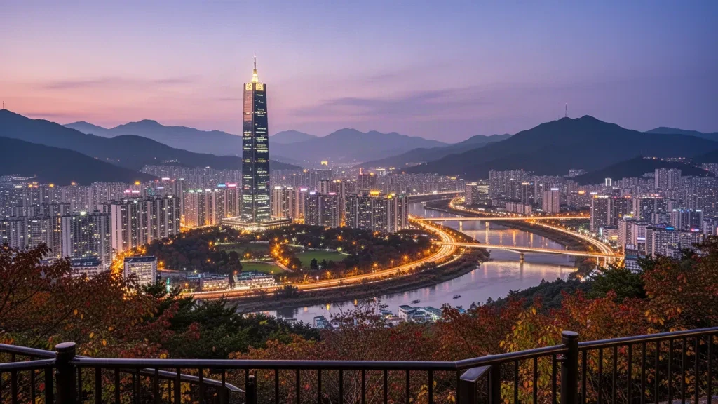 Horizonte de Daegu, Corea del Sur, con la iluminada Torre 83 sobre el Parque Duryu en la hora azul y la Montaña Apsan al fondo.
