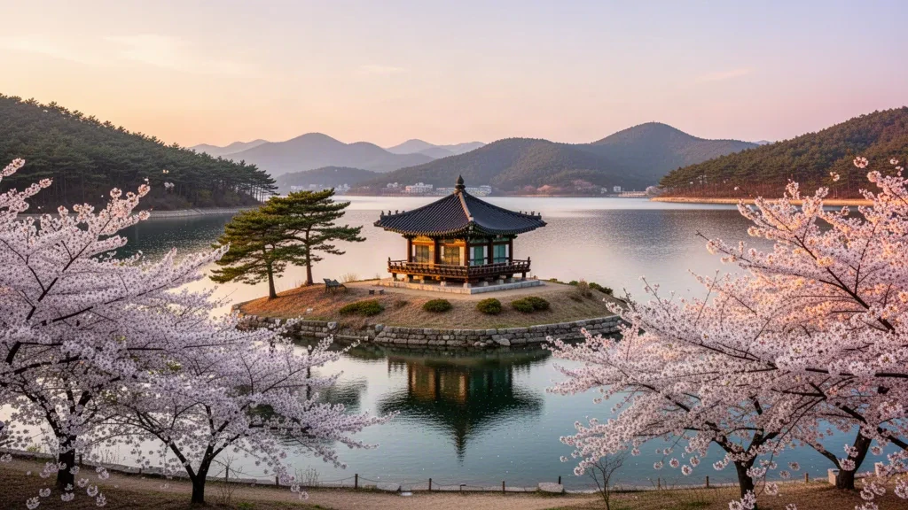 Gangwon Eyaleti, Gangneung'da Gyeongpo Gölü'ne bakan tarihi Gyeongpodae Köşkü, altın saatte kiraz çiçekleriyle.