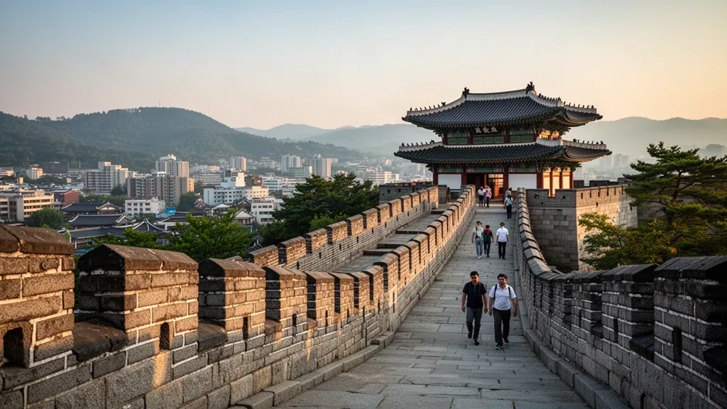 Hwaseong Fortress stone ramparts and traditional pavilion in Suwon, Gyeonggi Province, South Korea, in warm golden-hour light