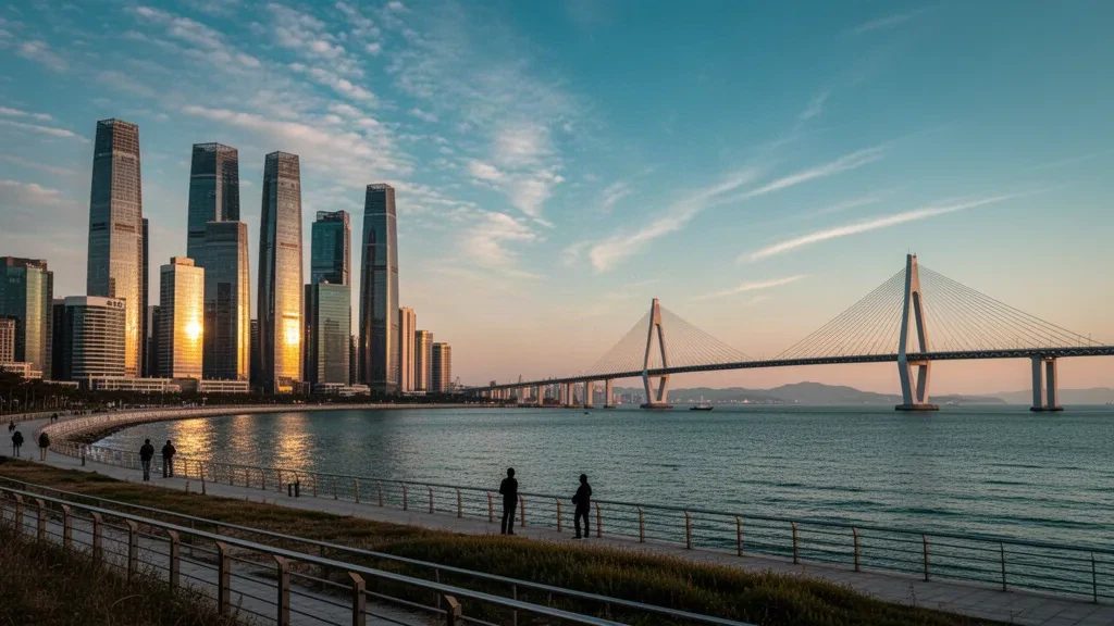 Skyline di Incheon con le torri del quartiere commerciale di Songdo e il Ponte di Incheon sul Mar Giallo durante l'ora d'oro
