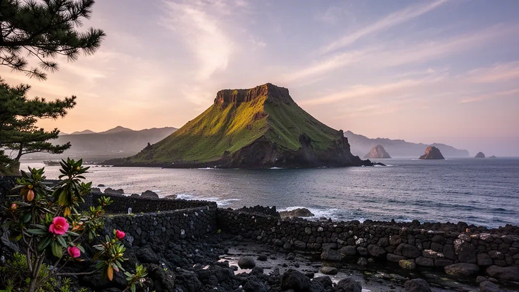 Cône de tuf du Seongsan Ilchulbong s'élevant de la mer au lever du soleil sur l'île de Jeju, en Corée du Sud, avec des pentes verdoyantes et des eaux côtières calmes