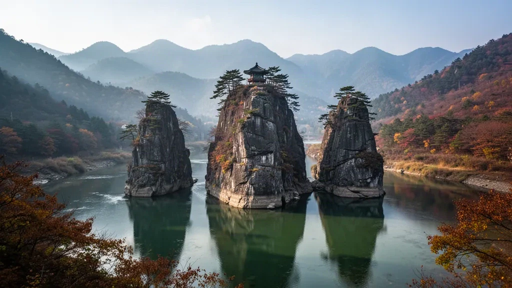 Güney Kore, North Chungcheong Eyaleti, Danyang'da Namhan Nehri'nden yükselen Dodamsambong Zirveleri, sonbahar yapraklarıyla çerçevelenmiş