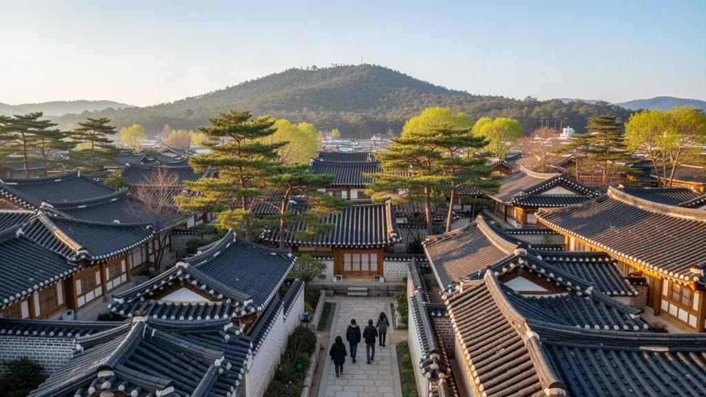 Toits traditionnels en tuiles des hanok du village de hanok de Jeonju dans le Jeollabuk-do, en Corée du Sud, baignés par la lumière chaude de fin d'après-midi