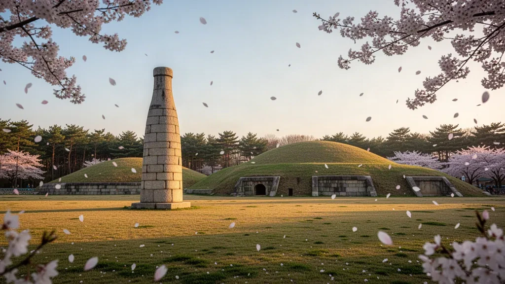 Osservatorio in pietra di Cheomseongdae a Gyeongju, nel Gyeongsang Settentrionale, all'ora d'oro con fiori primaverili e tumuli delle tombe reali