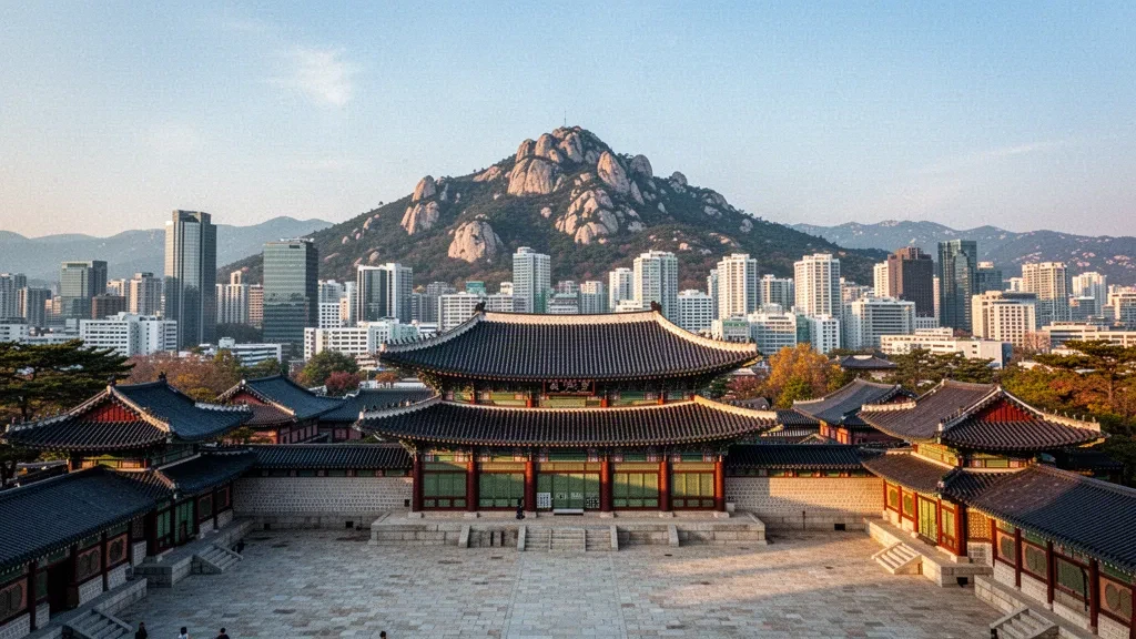 Tejados del Palacio Gyeongbokgung en Seúl enmarcados contra la montaña Bugaksan y el moderno horizonte de la ciudad bajo una cálida luz de finales de la tarde