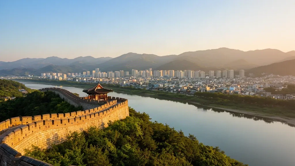 Blick zur goldenen Stunde auf die Festungsmauern von Gongsanseong über dem Geum-Fluss in Gongju, Süd-Chungcheong, Südkorea