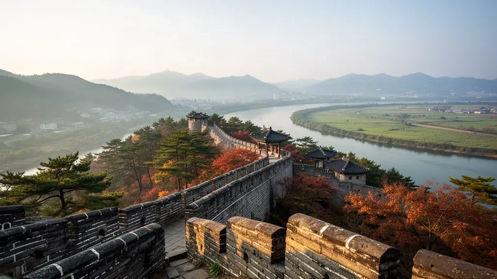Murallas de piedra de la Fortaleza de Gongsanseong con vistas al río Geumgang en Gongju, provincia de Chungcheong del Sur, Corea del Sur