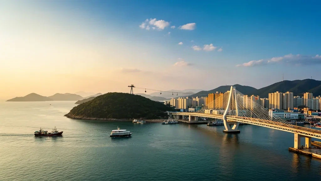 Yeosu skyline at golden hour with Dolsan Bridge, cable car and calm bay waters in South Jeolla, South Korea