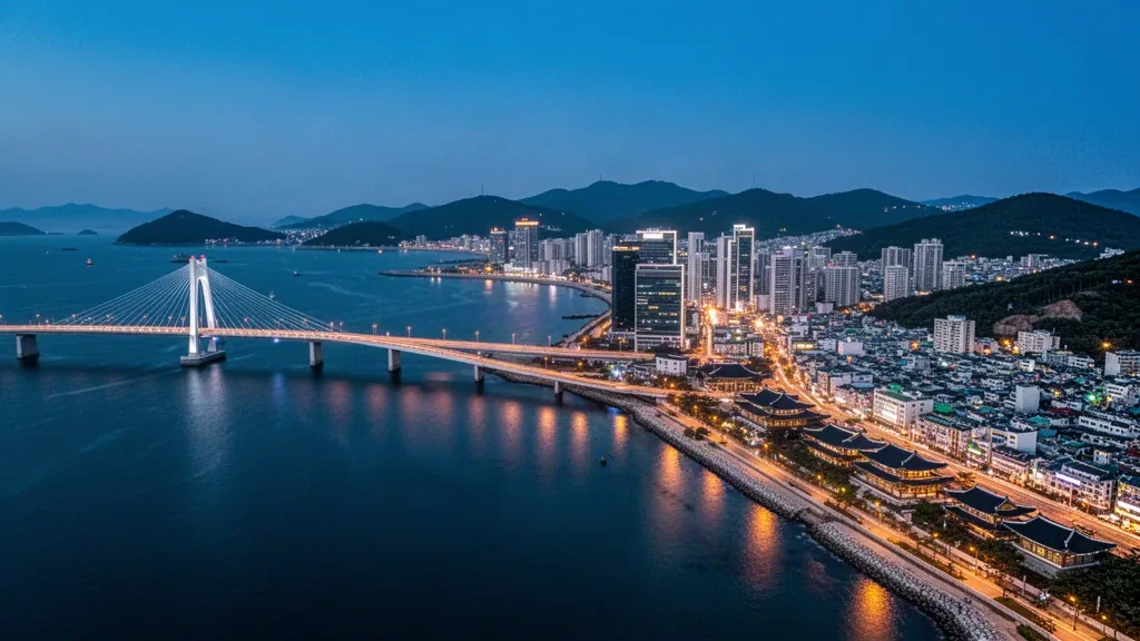 Panorámica de la ciudad de Yeosu con el puente de Dolsan iluminado sobre el mar al atardecer en Jeolla del Sur, Corea del Sur.