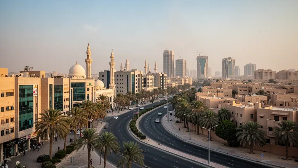 Hawalli district in Kuwait with modern mid-rise buildings, palm-lined commercial streets and warm late-afternoon light over the city