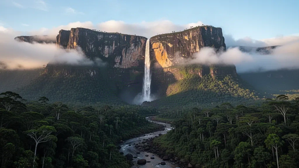 Die Angel Falls stürzen vom Tafelberg Auyán-Tepui durch treibenden Nebel in den Regenwald des Canaima-Nationalparks, Venezuela