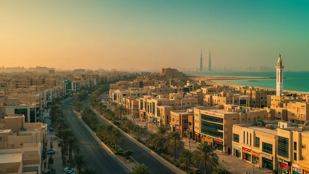Vista de Hawalli, Kuwait, durante la hora dorada, con calles bordeadas de palmeras, un alminar de mezquita y un horizonte urbano de edificios de altura media cerca de la costa del Golfo.