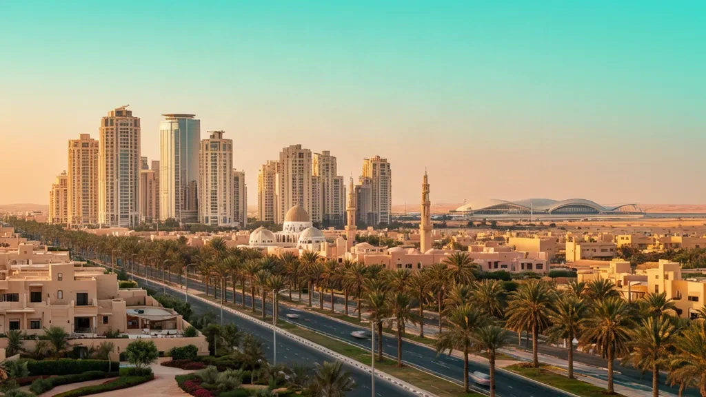 Veduta di Al Farwaniyah, Kuwait, durante l'ora dorata, con torri moderne, viali alberati di palme e l'aeroporto in lontananza