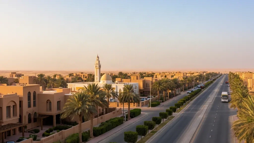Bulevar a la hora dorada con palmeras, villas y una mezquita de barrio en Mubarak Al-Kabeer, Kuwait