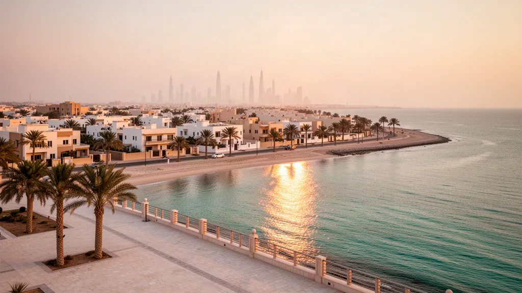 Vista a la hora dorada del paseo marítimo bordeado de palmeras de Mubarak Al-Kabeer en Kuwait, con villas de baja altura y un horizonte brumoso del Golfo