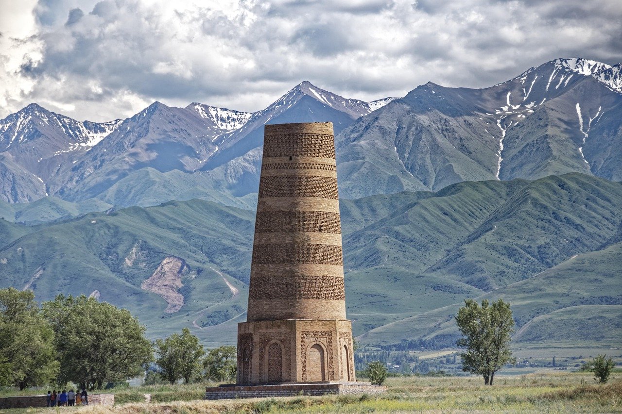 kyrgyzstan, burana tower, tower, nature, weir, building, architecture, sightseeing, tokmok, historical, landscape, mountains, snow, heaven, clouds, central asia