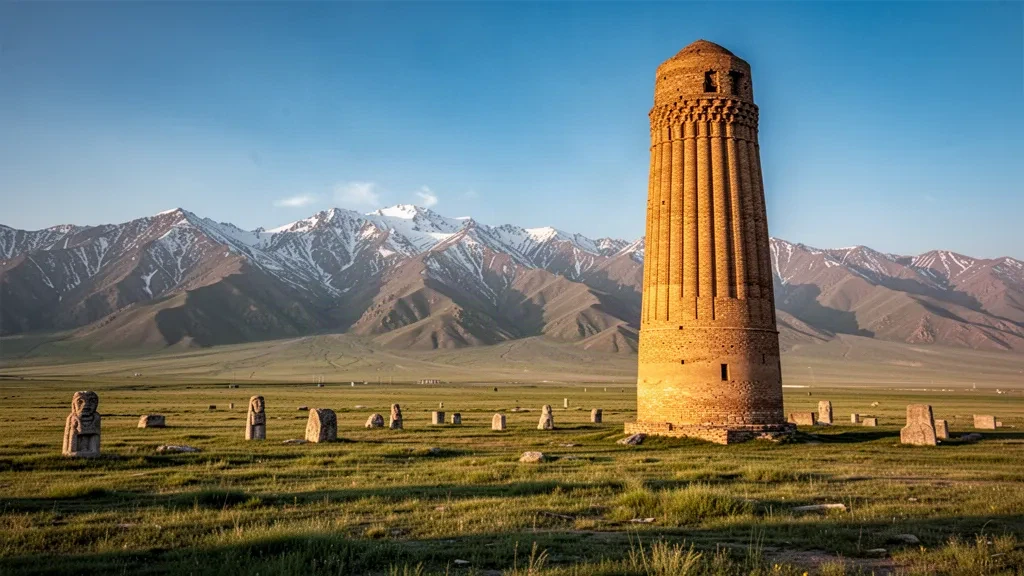 Minaret de la tour Burana sur la steppe ouverte de la vallée de Chuy au Kirghizistan, avec les monts Kyrgyz Ala-Too enneigés en arrière-plan