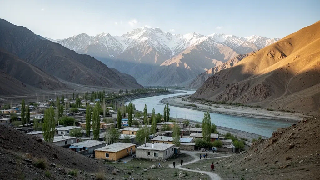 La ville de Naryn au Kirghizistan s'étendant le long de la rivière Naryn dans une vallée sèche sous les monts Tian Shan striés de neige à l'heure dorée