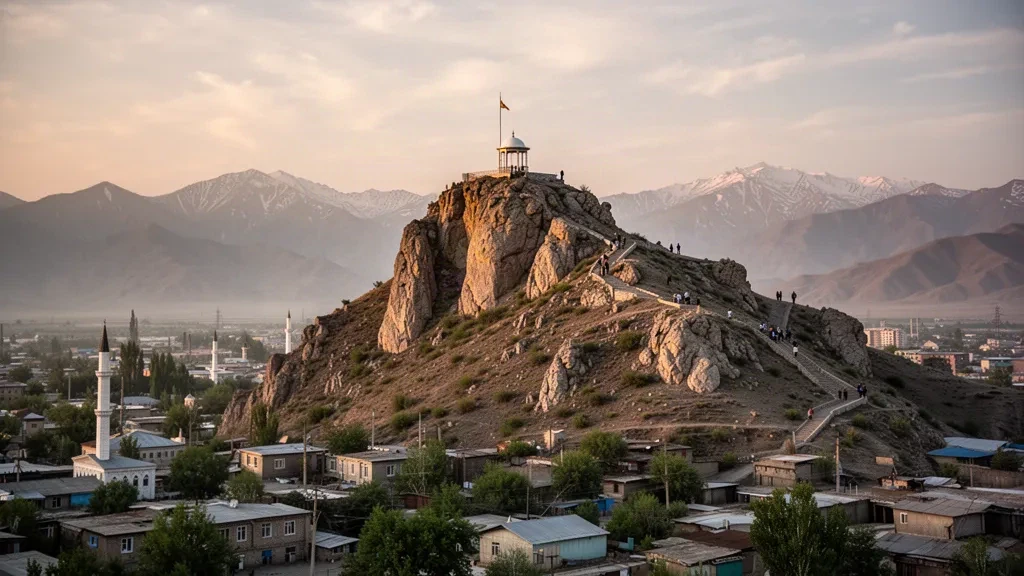 La montagne sacrée Sulayman-Too s'élevant au-dessus de la ville d'Osh, au Kirghizistan, à l'heure dorée, avec les toits de la vallée en contrebas.