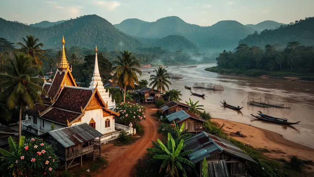 Golden-hour view of a riverside town in Attapeu, Laos, with a gilded Buddhist temple, stilt houses and wooden boats on the Xe Kong river
