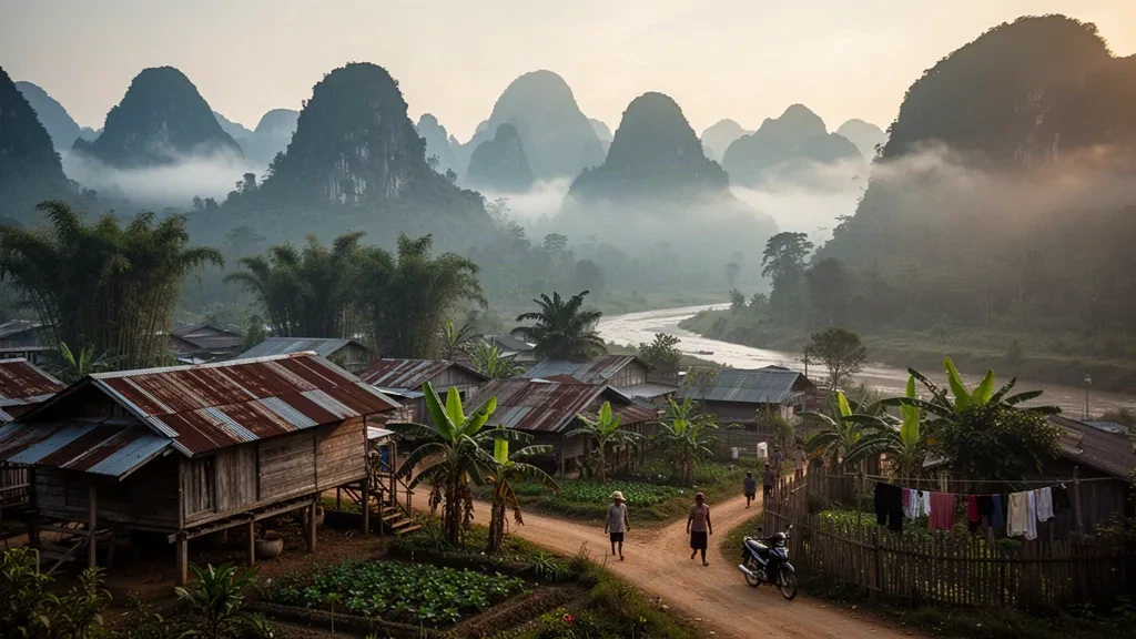 Niebla al amanecer sobre montañas kársticas de piedra caliza y casas de madera sobre pilotes en Sam Neua, provincia de Houaphanh, Laos