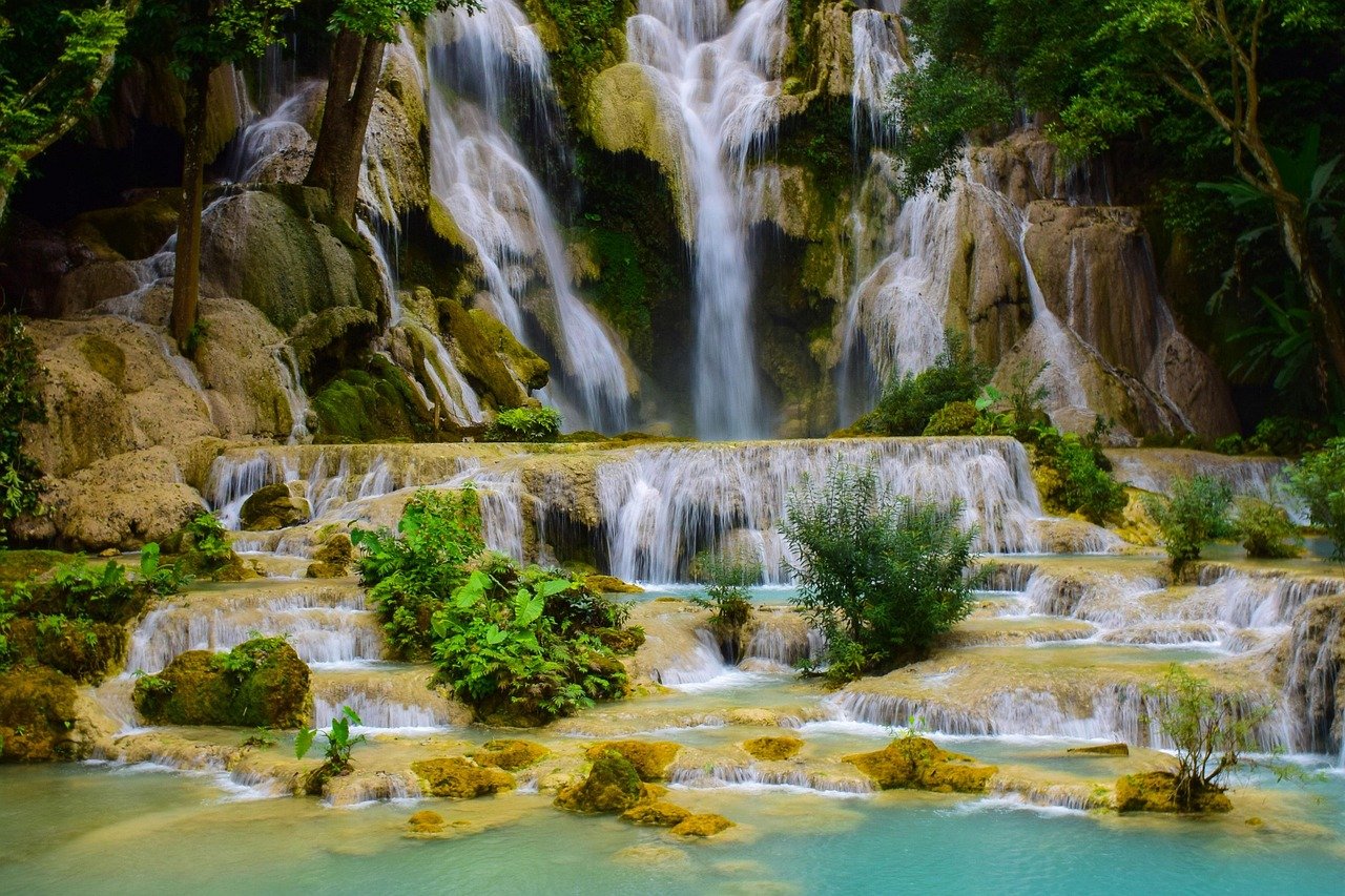 cascata, acqua, rocce, luang prabang, natura, laos, asia, cascata di kuang si, cascata, cascata, cascata, cascata, cascata, laos
