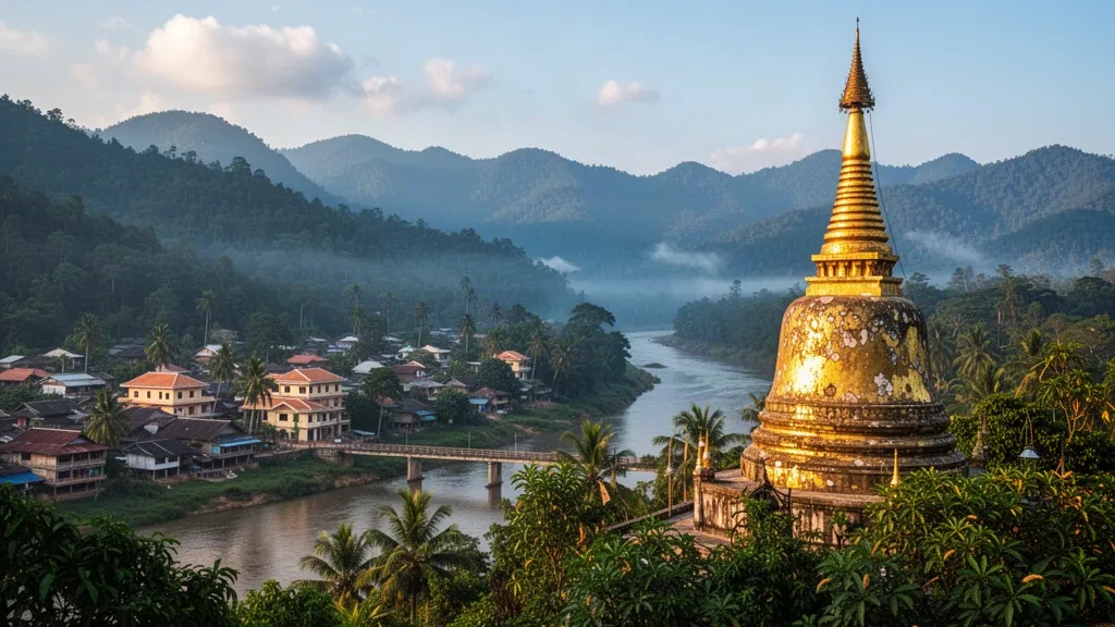 Stupa dorata in cima a una collina che domina la città di Luang Namtha e le montagne boscose nebbiose nel nord del Laos