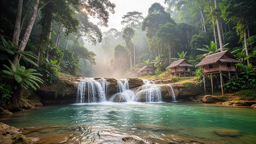 Salavan, Laos'ta yemyeşil ormanın içinden akan Tad Lo Şelalesi'nin yumuşak sabah ışığı altındaki manzaralı görünümü.