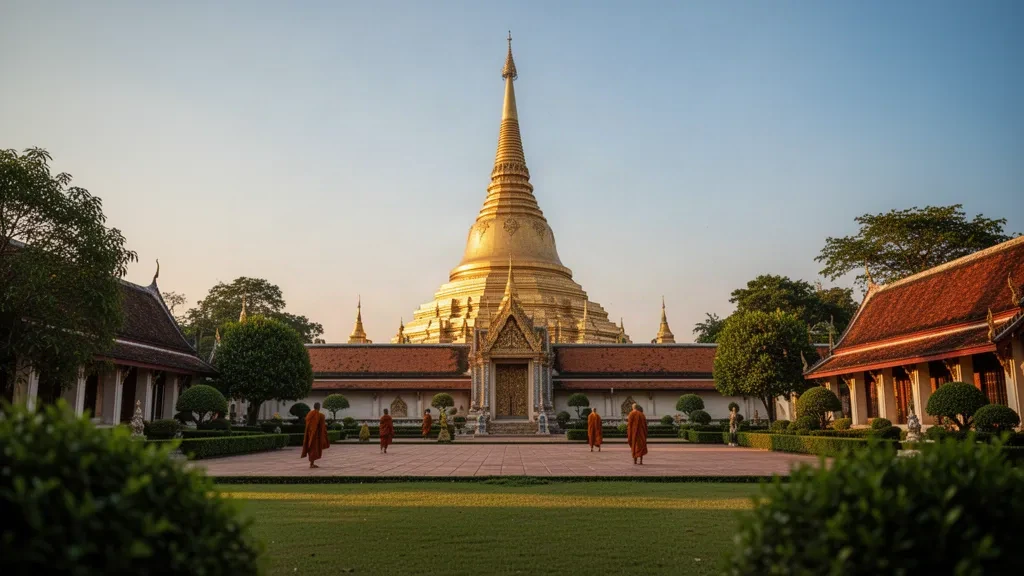 Goldene Stupa von Pha That Luang in Vientiane, Laos, die im Licht des späten Nachmittags leuchtet, während saffranfarben gekleidete Figuren den Hof überqueren