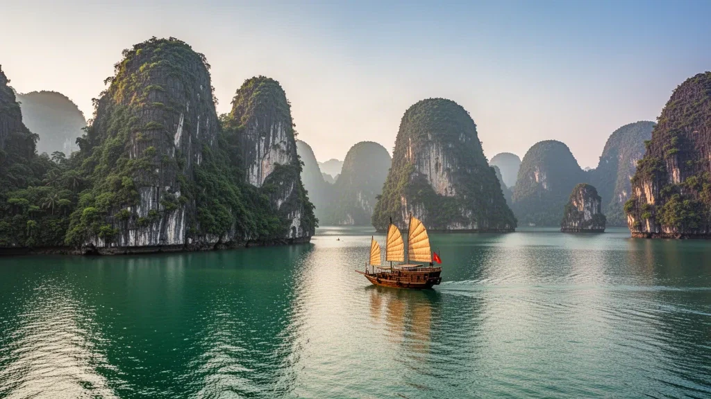 Karsts calcaires de la baie d'Ha Long s'élevant des eaux émeraude à l'heure dorée, avec une jonque traditionnelle en bois naviguant dans ce paysage marin emblématique du Vietnam.