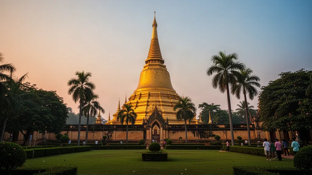 Golden Pha That Luang stupa in Vientiane, Laos, glowing at sunset among palm trees and gardens