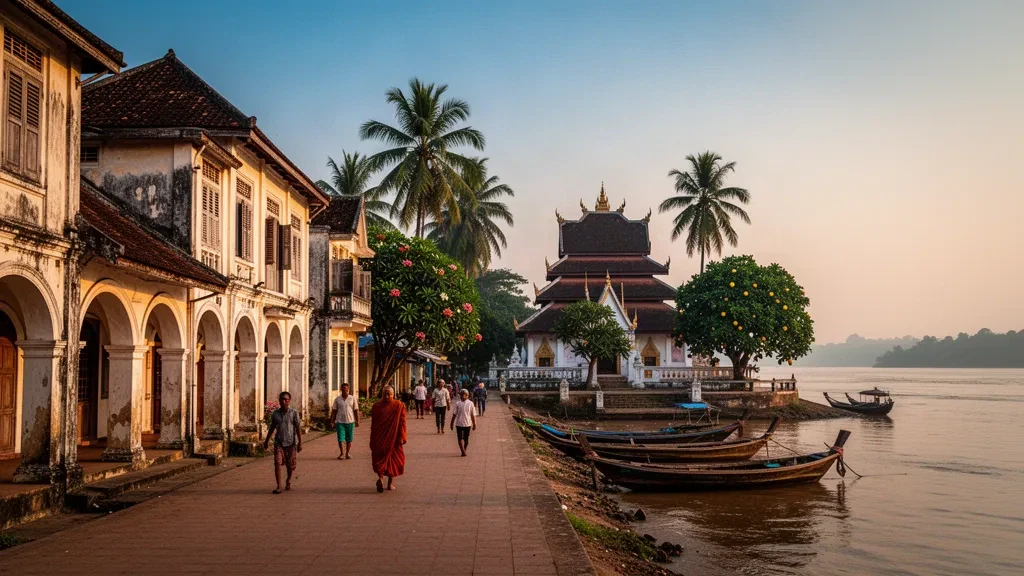 Front de fleuve de Savannakhet au Laos à l'heure dorée, avec des shophouses coloniales françaises, des palmiers et des vues sur le Mékong