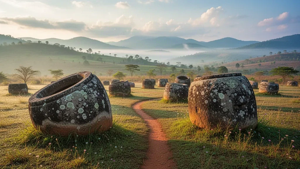 Antiguas jarras de piedra en la meseta cubierta de hierba de la Llanura de las Jarras en Xiangkhouang, Laos, iluminadas por una suave luz dorada del amanecer