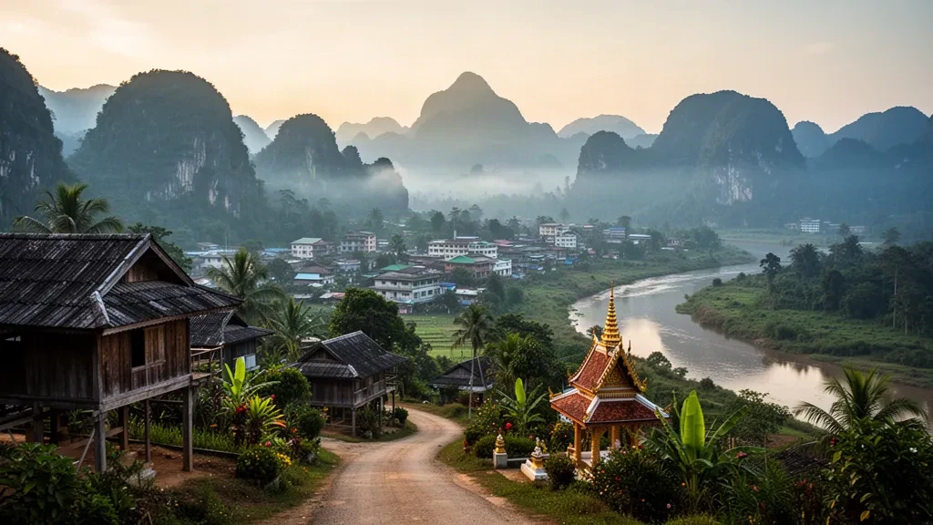 Laos, Xaisomboun üzerinde puslu bir şafak; arka planda geleneksel ahşap evler ve Phou Bia dağ zirveleri.
