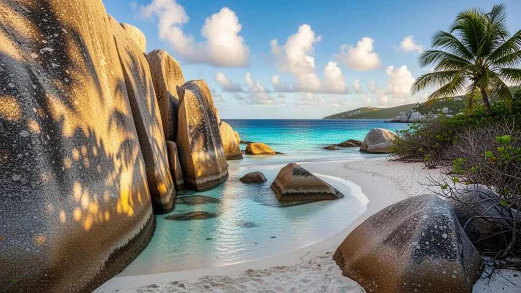 Britanya Virjin Adaları'ndaki Virgin Gorda'da The Baths'te turkuaz gelgit havuzları ve dev granit kayalar, sıcak geç öğleden sonra Karayip ışığında.