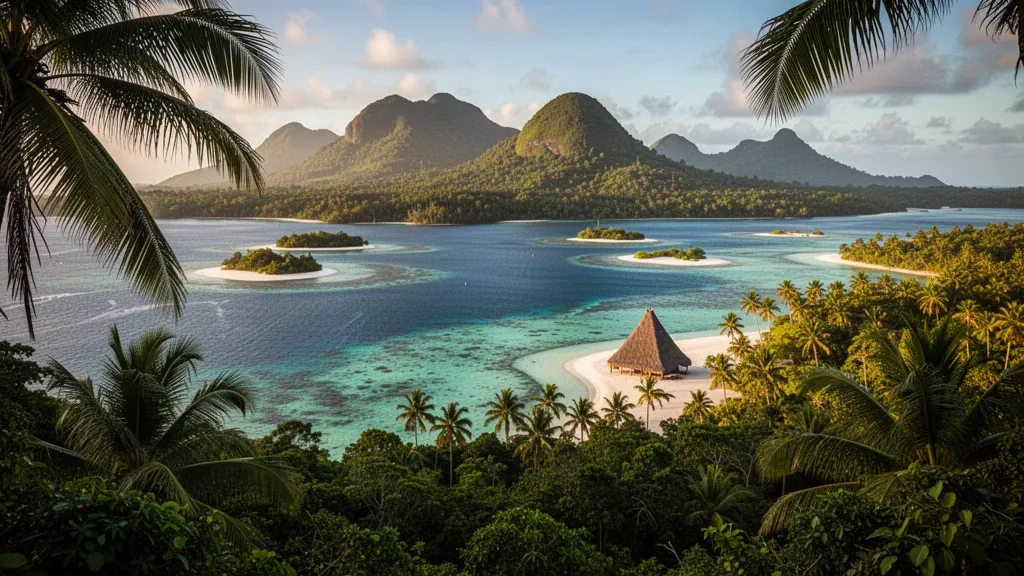 Turquoise lagoon of Wallis and Futuna with a traditional thatched fale, coconut palms and coral islets under warm Pacific afternoon light