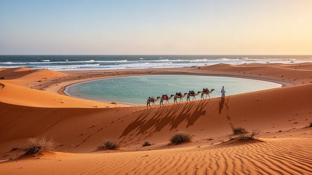 Golden Sahara dunes meeting the turquoise Atlantic lagoon near Dakhla in Western Sahara under warm late-afternoon light